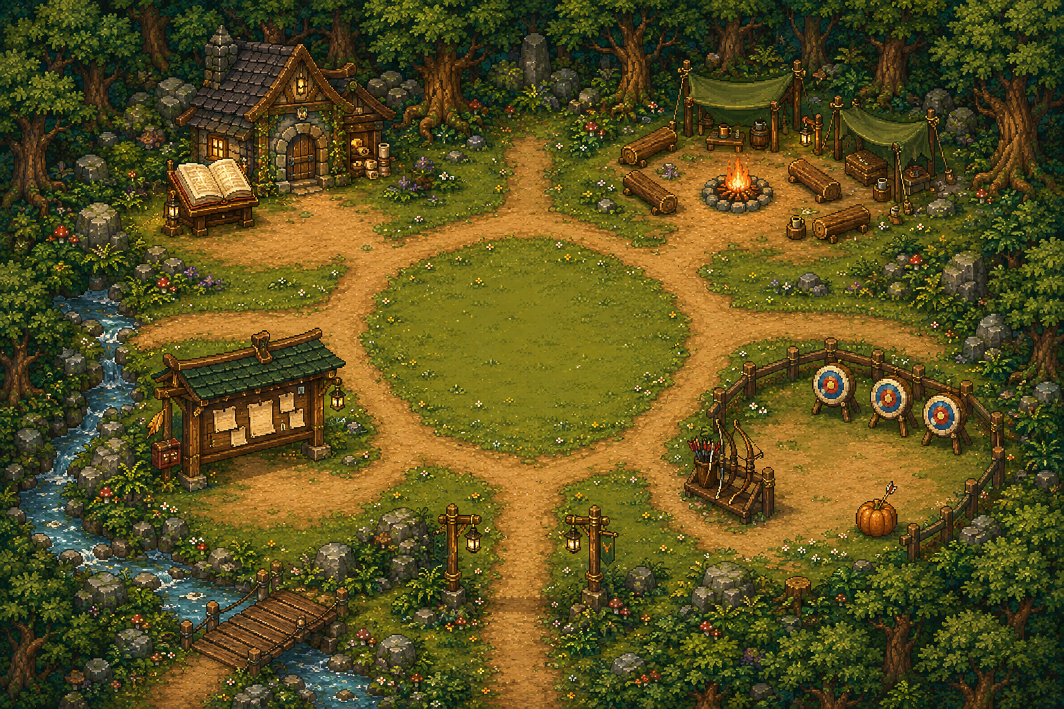 A woodland with a school, community campfire, noticeboard, stone, and archery clearing